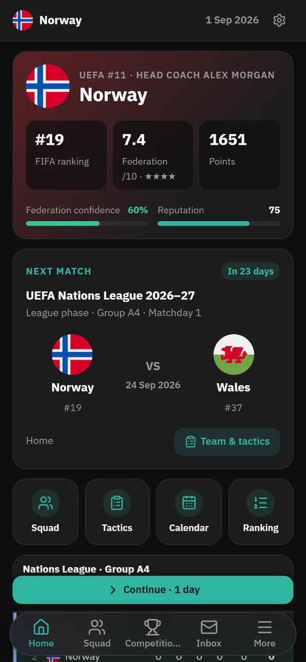 National Manager home screen with the FIFA ranking, federation confidence and the next match